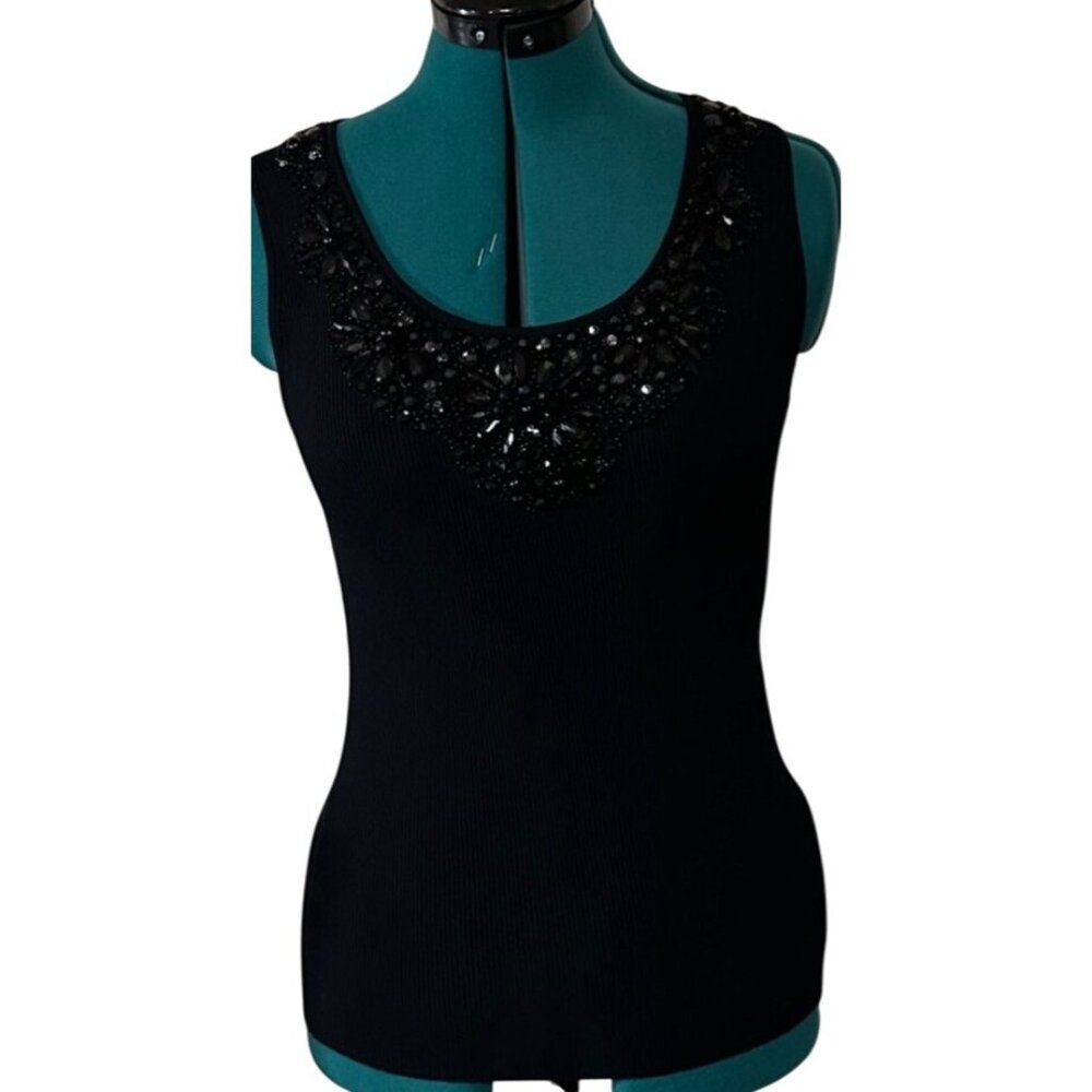 Women's Ruby Rd. Petite Black Sleeveless Top Beaded Neckline Rayon Blend Size PM